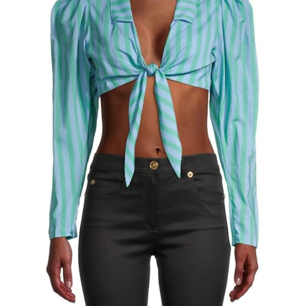 WeWoreWhat Bisou Top Dusk Blue Striped Puff Sleeve Tie Front Blouse WWCT01-5 M
